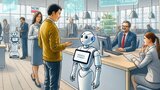 Ein KI-generiertes Bild mit einem Roboter und Menschen in einer Stadtverwaltung.